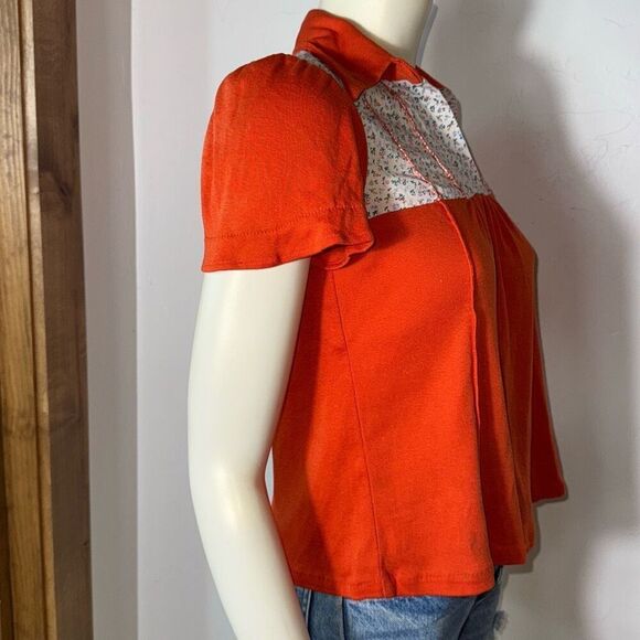 Vintage 60’s Orange V Neck Short Puff Sleeve T Shirt Ditzy Floral Size Small - Picture 7 of 14